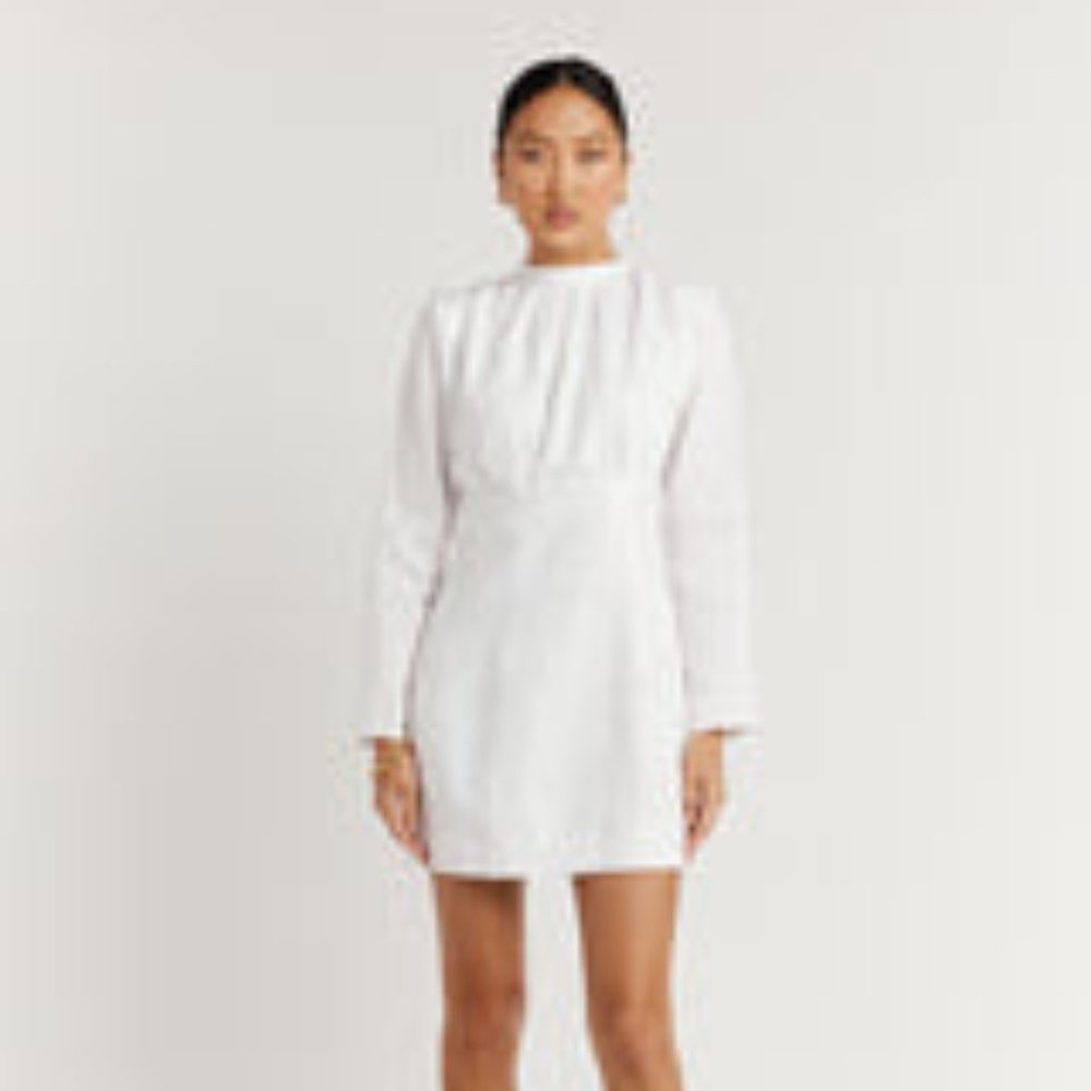 WOODS WHITE LINEN MINI DRESS - 4 / WHITE
